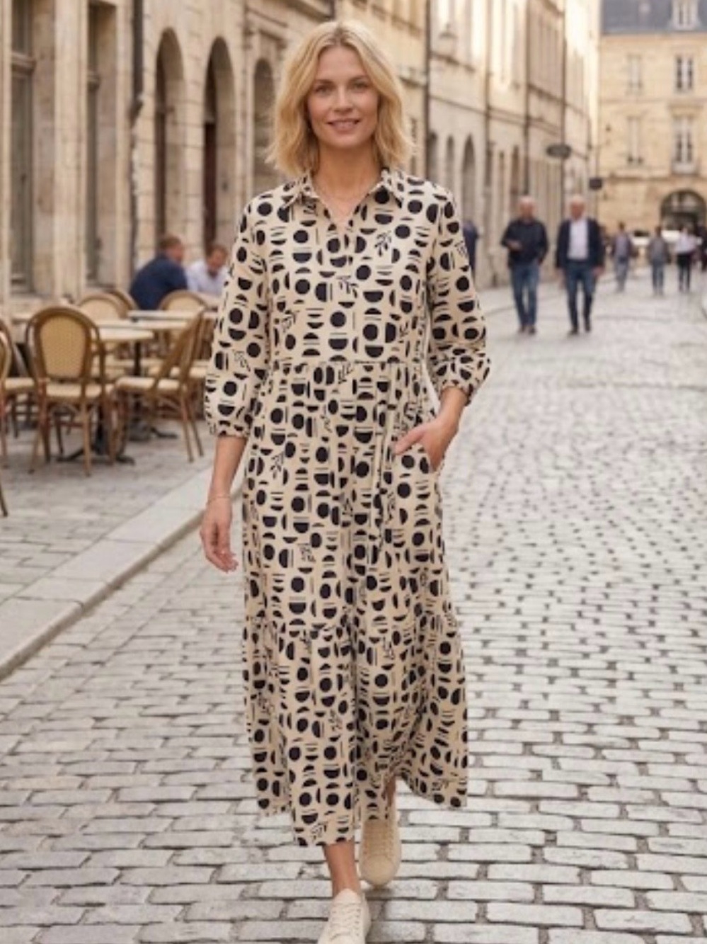 Rachel Zoe Beige Maxi Shirt Dress with Black Geometric Print